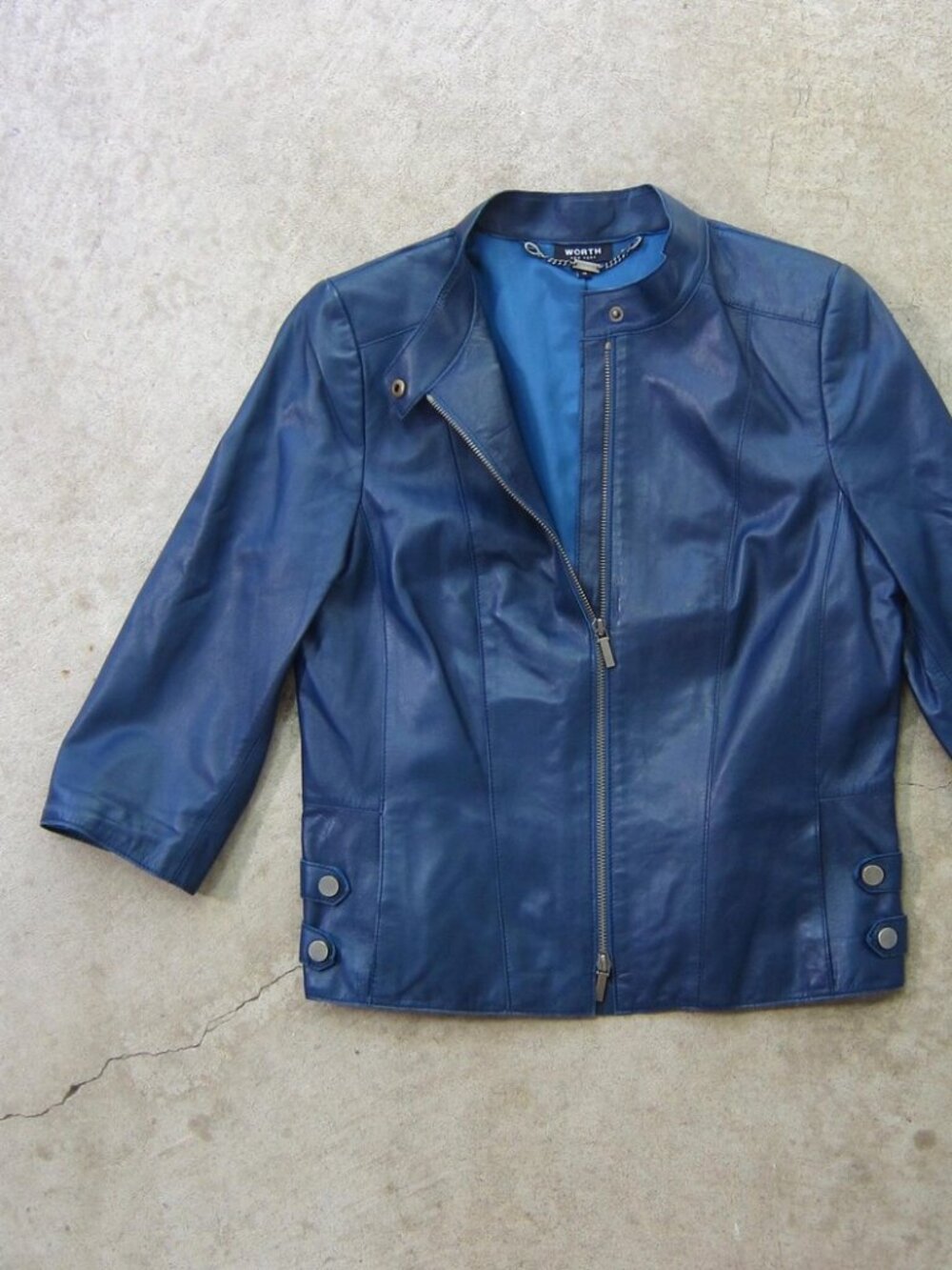 Worth New York Blue Genuine Leather Jacket Size 10 3/4 Sleeve